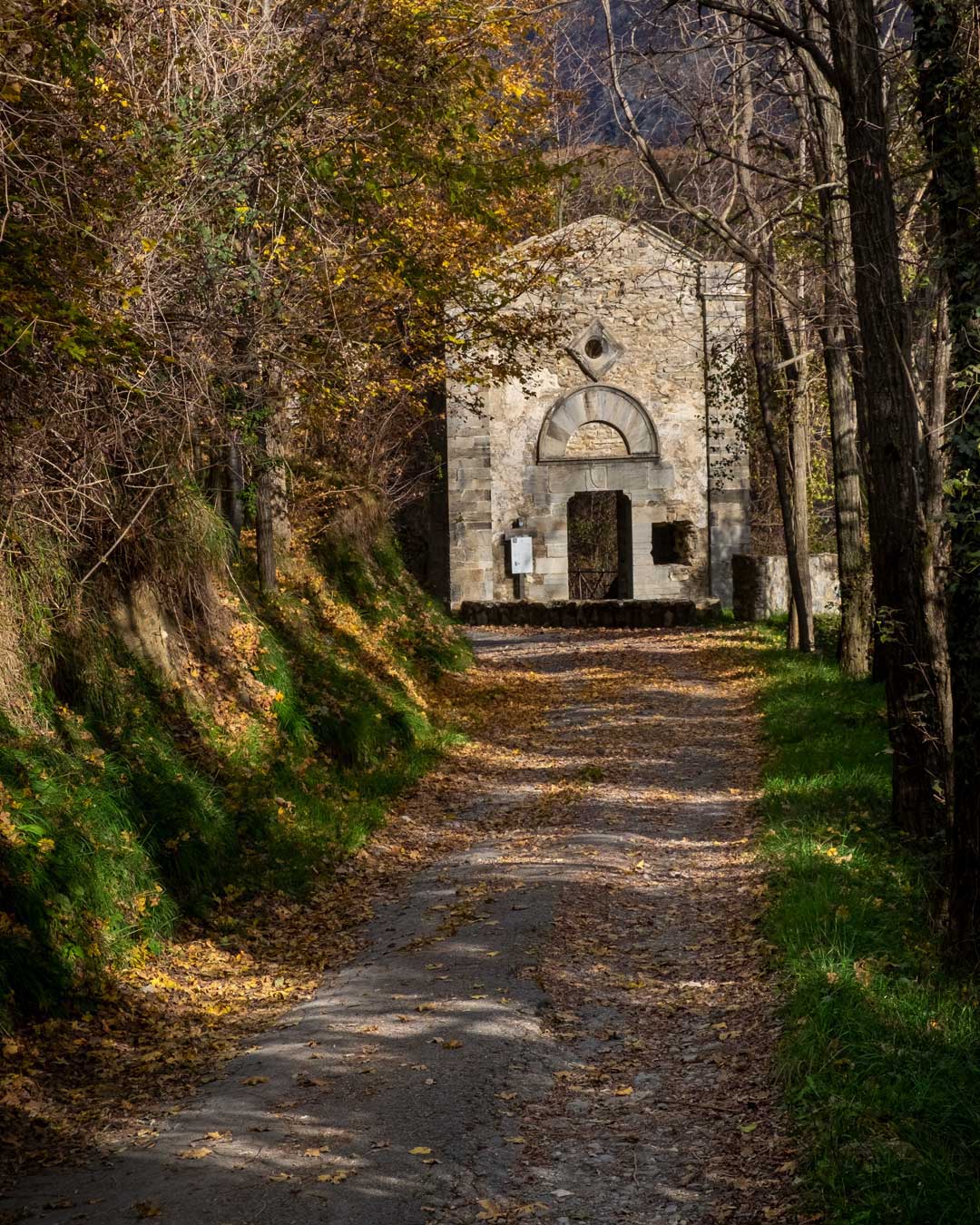 ruderi di chiesa in una strada sterrata nel bosco