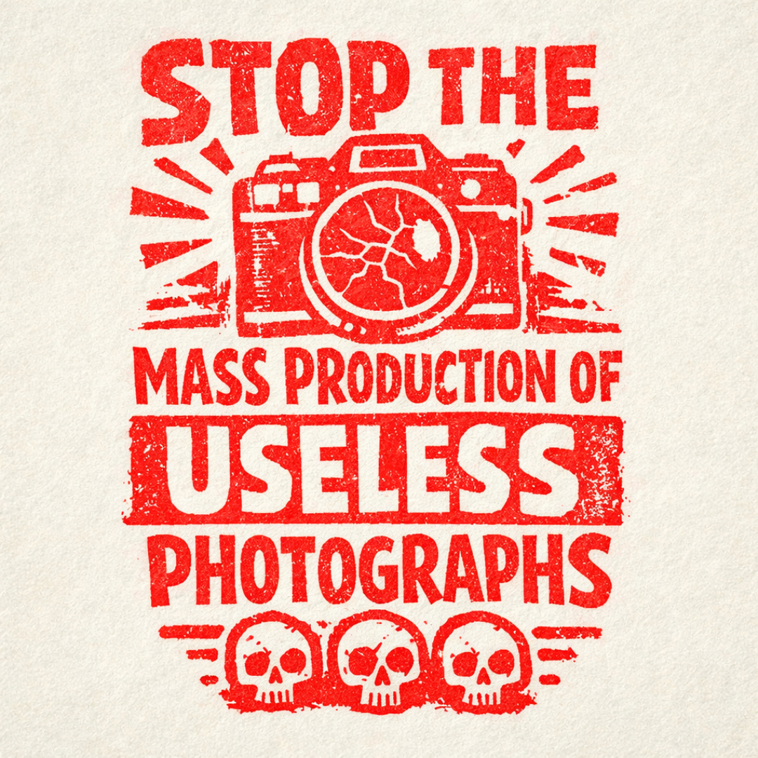 immagine grafica che dice: basta alla produzione di massa di fotografie inutili.